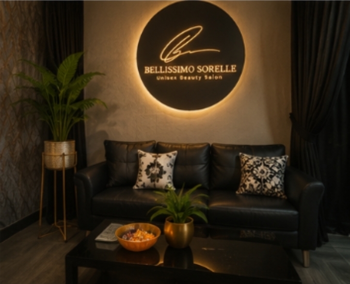 Luxury waiting lounge at Bellissimo Sorelle salon