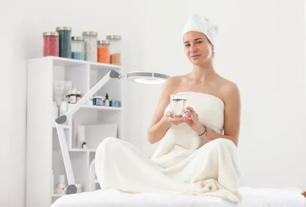 Woman wrapped in a spa towel relaxing during a body treatment session Woman wrapped in a spa towel relaxing during a body treatment session