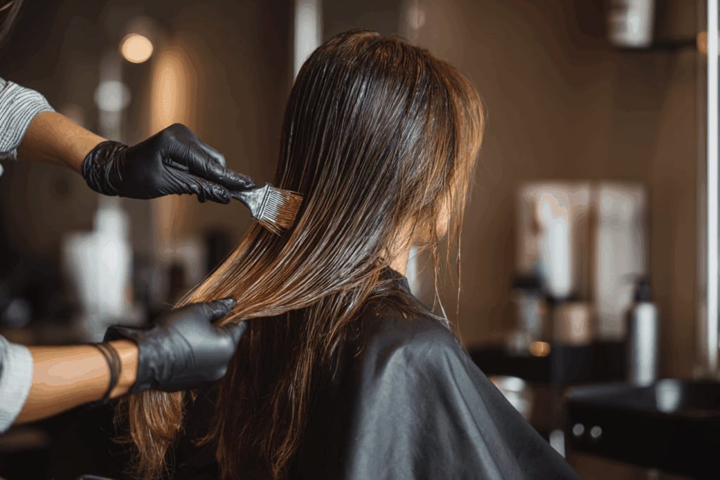 Keratin smoothing treatment being applied to sectioned hair